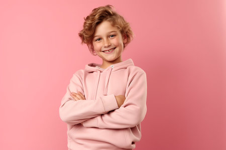 Portrait of a smiling little girl in a pink hoodie on a pink background.の素材
