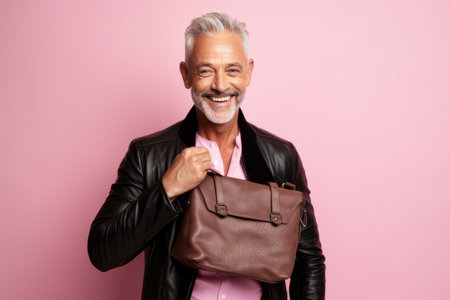 Portrait of a happy senior man with a leather bag on a pink backgroundの素材