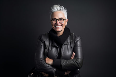 Portrait of smiling senior woman in leather jacket and glasses on black backgroundの素材