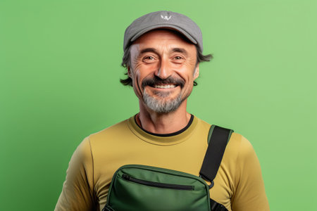Portrait of a smiling middle-aged man with a green bag on a green backgroundの素材