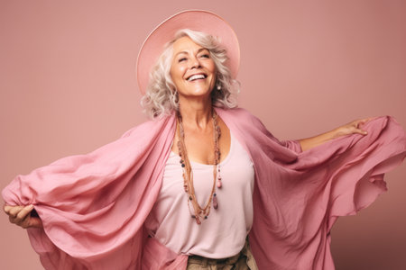 Portrait of a happy senior woman in hat and pink blouseの素材