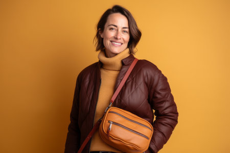 Portrait of a smiling woman with a bag on a yellow backgroundの素材