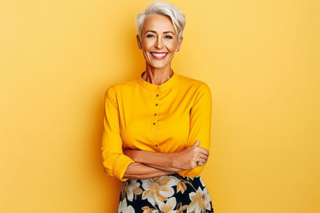 Portrait of smiling senior woman standing with arms crossed against yellow backgroundの素材