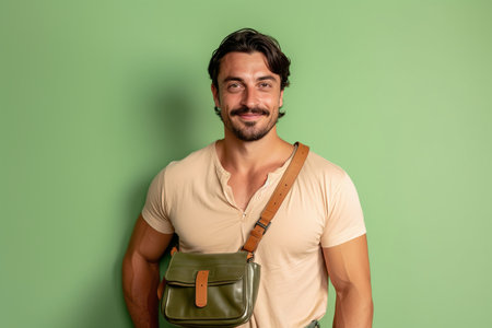 portrait of a handsome young man with a green bag on a green backgroundの素材