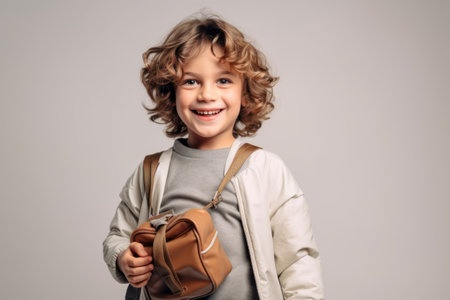Little boy with a backpack on a gray background. The boy is smiling.の素材
