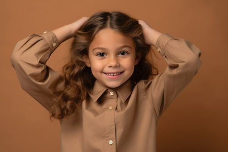 Portrait of a little girl with curly hair on a brown backgroundの素材