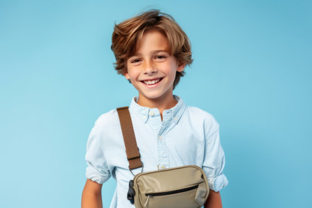smiling schoolboy with backpack looking at camera, isolated on blueの素材
