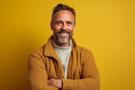 happy middle aged man in yellow sweater smiling at camera isolated on yellowの素材