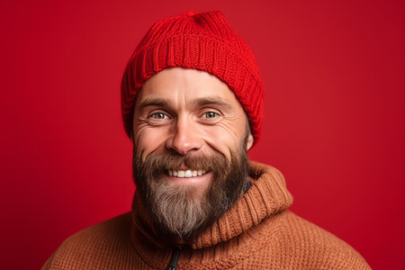 Portrait of a handsome bearded man in a warm sweater and hat on a red backgroundの素材