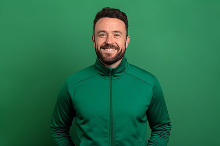 smiling man in green hoodie looking at camera isolated on greenの素材