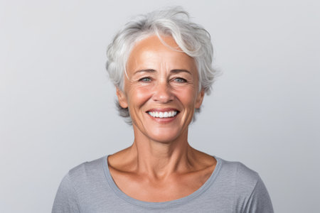Close up portrait of smiling senior woman looking at camera on gray backgroundの素材