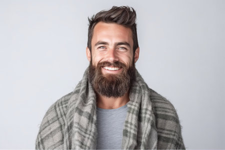 Portrait of a handsome bearded man in a plaid on a gray backgroundの素材