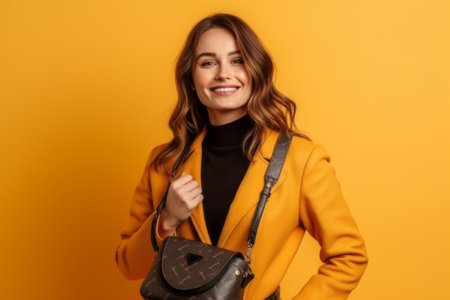 beautiful young woman in yellow coat with handbag on yellow backgroundの素材