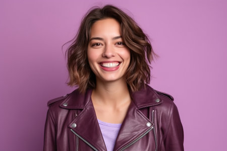 Portrait of a beautiful young woman in a leather jacket on a purple backgroundの素材