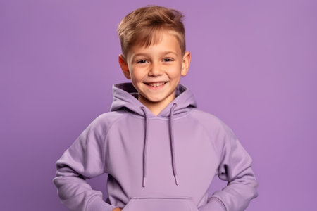 Portrait of a cheerful little boy in a purple hoodie on a purple backgroundの素材