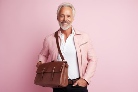 Portrait of a smiling senior man holding a leather briefcase while standing against pink backgroundの素材