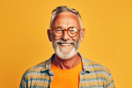 Portrait of smiling senior man in eyeglasses on yellow backgroundの素材