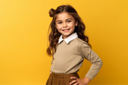 smiling schoolgirl looking at camera and looking at camera isolated on yellowの素材