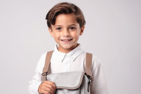 Portrait of a cute little boy with backpack over white background.の素材