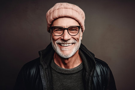 Portrait of a smiling senior man in a hat and glasses.の素材