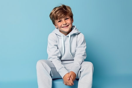 Cheerful little boy in sportswear posing on blue backgroundの素材