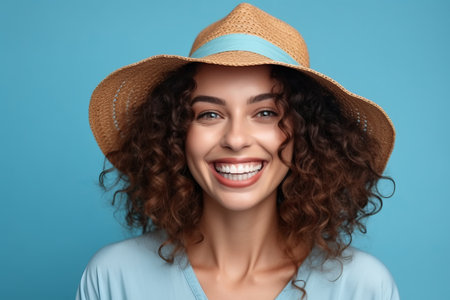 Portrait of beautiful young woman in straw hat on color background. Summer vacationの素材