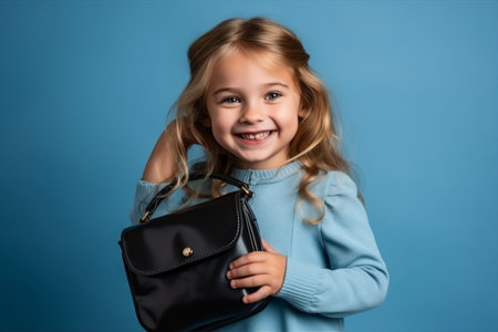 Portrait of a cute little girl with blond hair in a blue sweater with a black handbag on a blue backgroundの素材