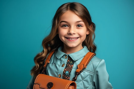 portrait of smiling schoolgirl with backpack looking at camera isolated on blueの素材