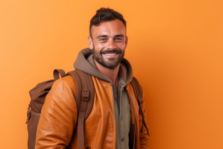 Portrait of a handsome young man with a backpack on an orange backgroundの素材