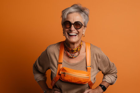 smiling senior woman in sunglasses and orange t-shirt posing on orange backgroundの素材
