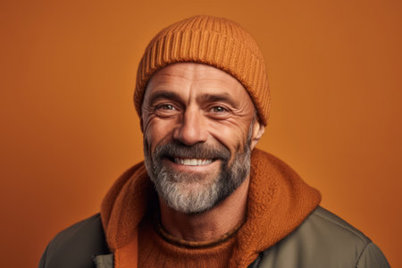 Portrait of a smiling middle-aged man wearing warm clothes isolated over orange backgroundの素材