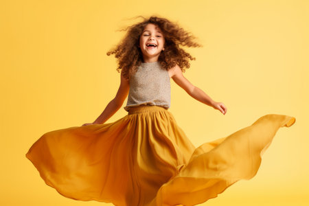 Cute little girl with curly hair jumping on a yellow background.の素材