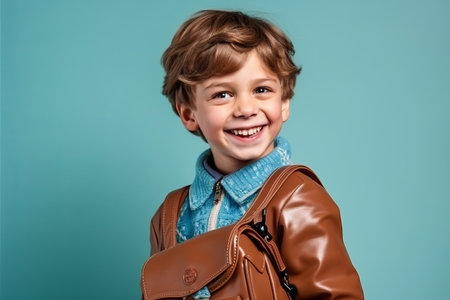 Cheerful little boy in a brown leather jacket on a blue backgroundの素材
