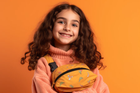 Portrait of a cute little girl with a backpack on an orange backgroundの素材