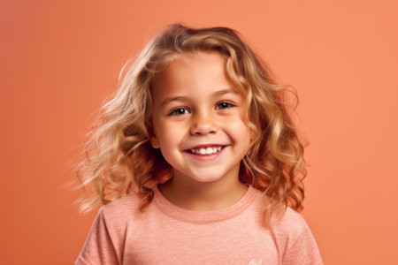 Portrait of a smiling little girl with blond curly hair on orange backgroundの素材