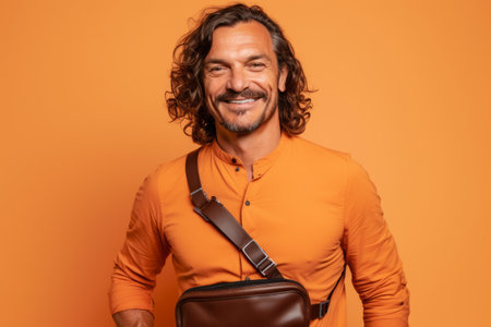 smiling middle aged man in orange shirt with handbag isolated on orangeの素材
