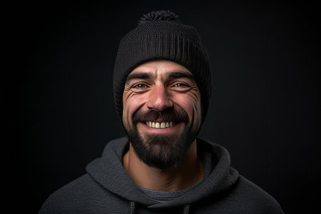 Portrait of a smiling man in a hat and sweatshirt on a black backgroundの素材