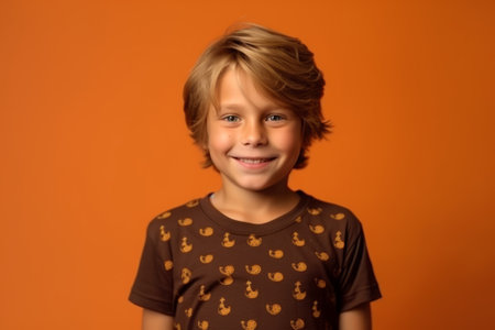 Little boy with blond hair smiling and looking at camera on orange backgroundの素材