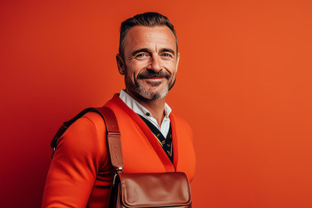 smiling mature man in orange jacket with handbag on orange backgroundの素材