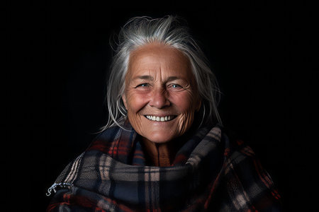 Portrait of a happy senior woman with a scarf on a black backgroundの素材