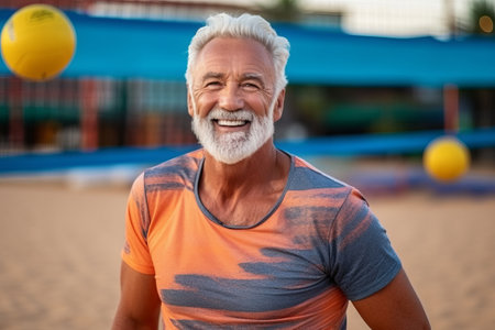 Portrait of happy senior man playing beach volleyball at the seasideの素材