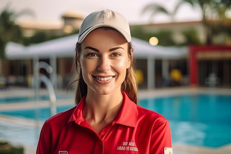 Portrait of a beautiful young woman in a cap and a red shirt at the swimming poolの素材