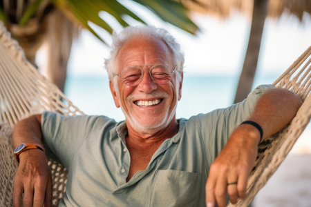Happy senior man relaxing in hammock on the beach at summer vacationの素材