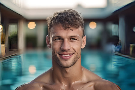 Portrait of handsome young man smiling and looking at camera in swimming poolの素材