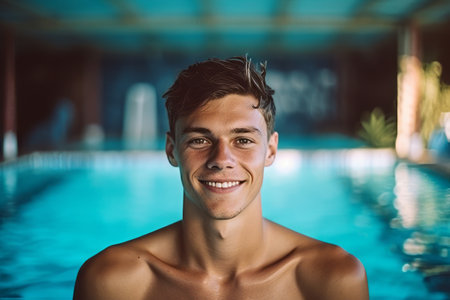 Portrait of handsome young man smiling at camera in swimming pool.の素材