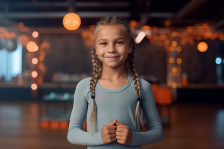 Portrait of cute little girl with braids in sportswear looking at cameraの素材