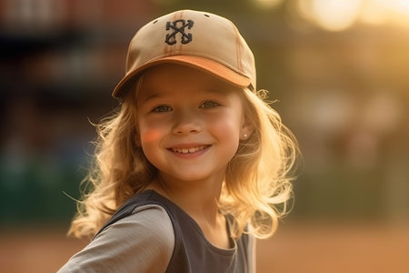 Portrait of a cute little girl in baseball cap outdoors at sunsetの素材