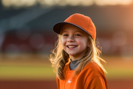 Little girl in baseball cap and orange jacket on baseball field. Portrait of smiling child on blurred background.の素材