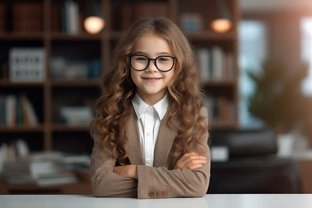 Cheerful little girl in eyeglasses sitting at table in officeの素材
