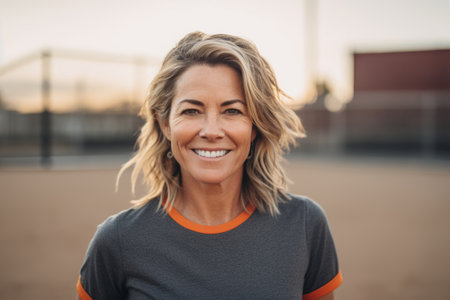 Portrait of smiling middle-aged woman in sportswear standing outdoorsの素材